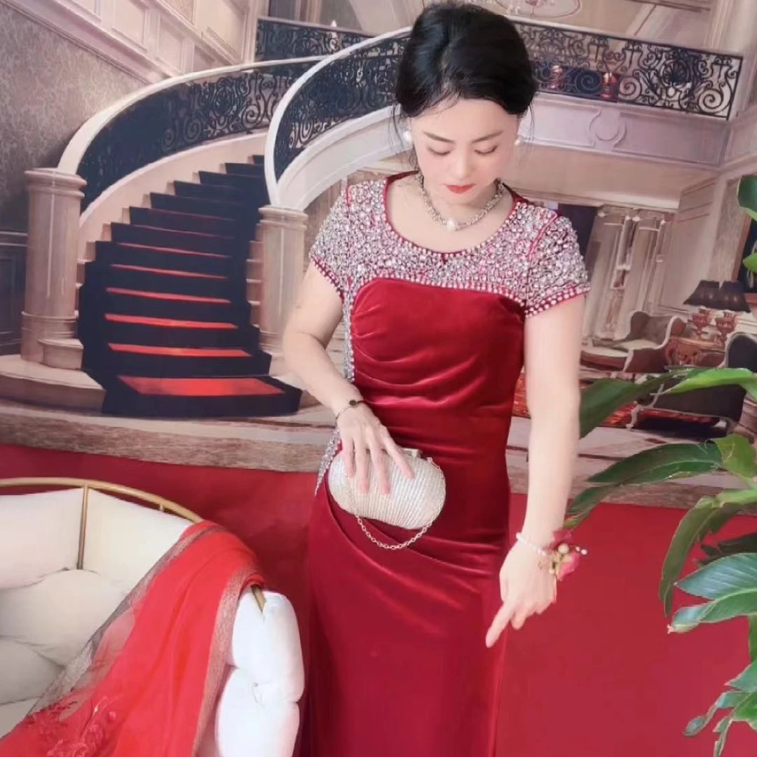 喜婆婆喜妈妈礼服（7分袖）手工缝钻气质时尚长款