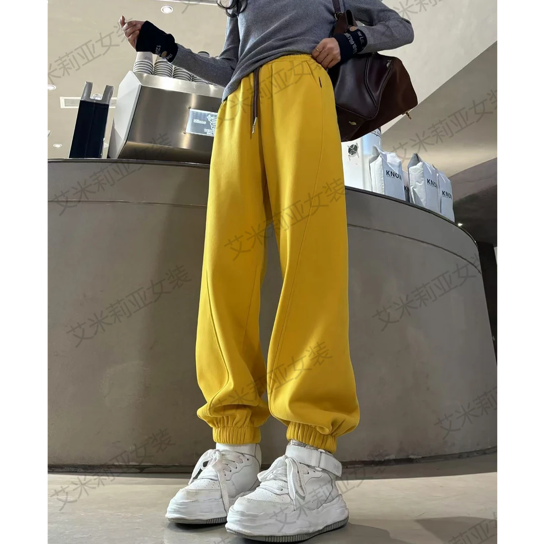 8101加绒加厚宽松显瘦小标束脚弯刀裤女百搭休闲长裤高腰拼接卫裤