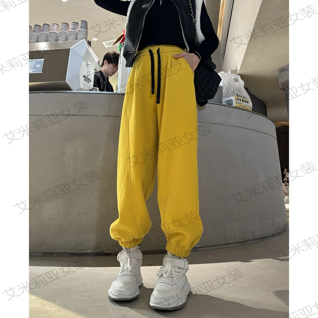 （奥粒绒）加绒加厚新款休闲运动裤欧货松紧高腰卫裤显瘦束脚裤