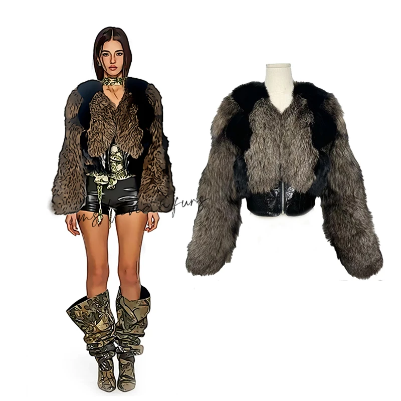 薇薇安原创【莱珂】银狐嵌革工艺皮草外套秋冬 v20423ym 瑶瑶