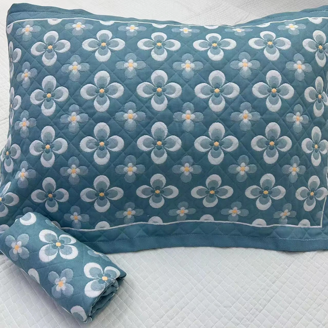 纯棉纱布枕巾--缤纷花朵湖蓝52*78柔软成人加厚加大枕头巾棉枕