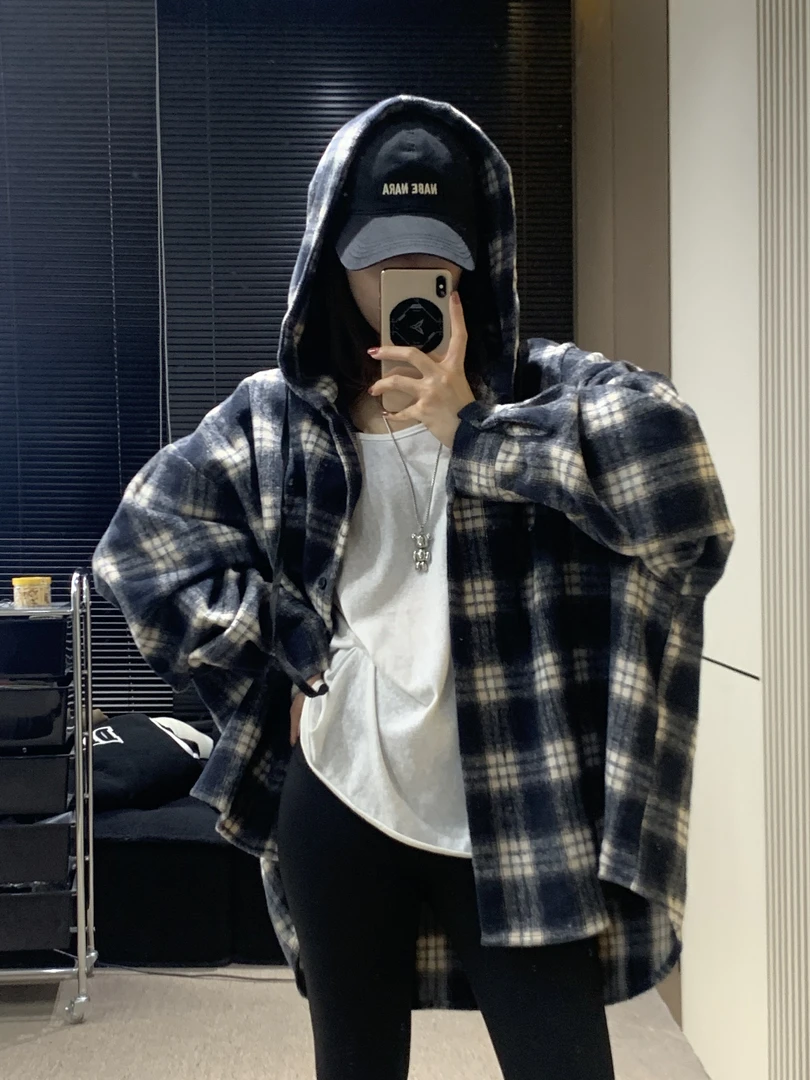 明星男女同款早秋格子衬衣长袖时尚休闲连帽上衣宽松格纹薄外套