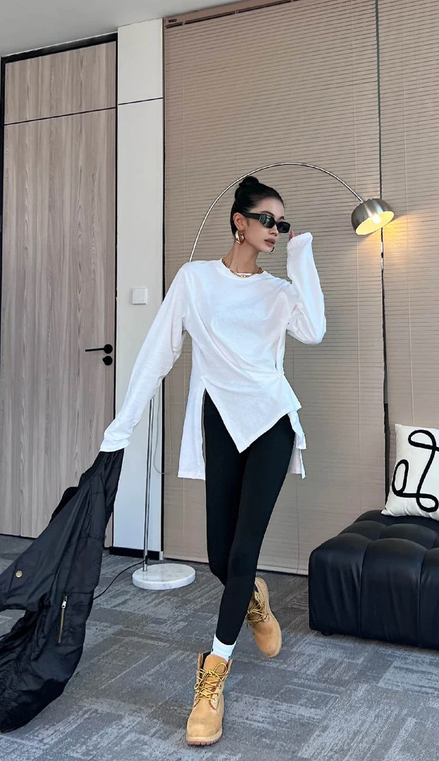 精梳棉长袖纯色打底衫圆领个性不规则ins设计感开叉白色#316