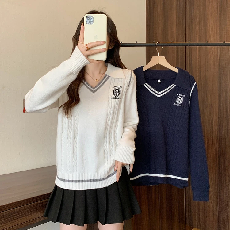69057大码女装2023年冬季新款韩版学院风针织毛衣假两件拼接上衣