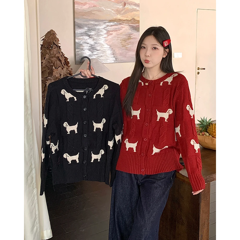 清大码女2024秋冬圆领毛衣针织衫开衫小狗图案显瘦上衣外套68608