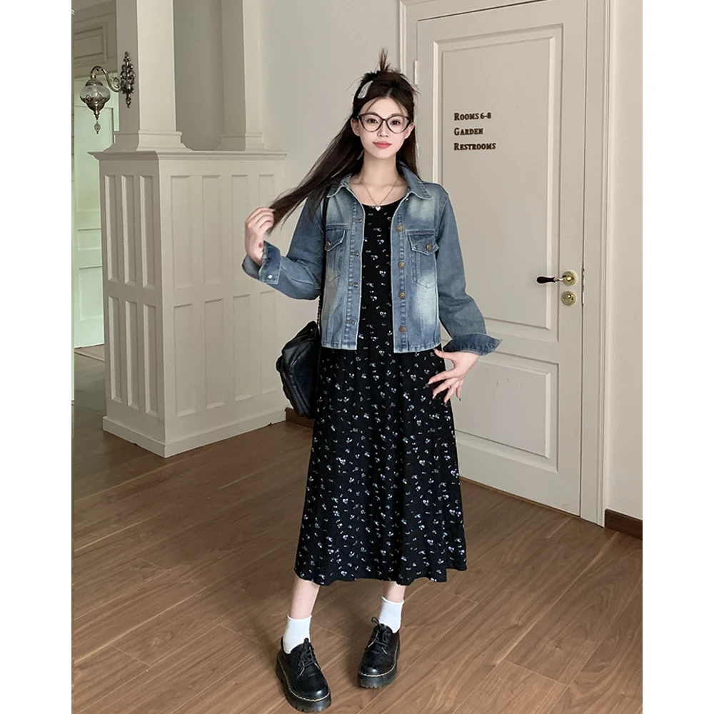 Q2025春季新款胖mm大码复古牛仔外套碎花连衣裙两件套65468+63673