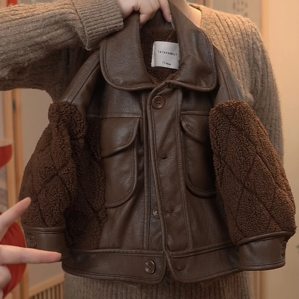 [现货]ZBAO原创冬季加绒复合一体毛毛夹克外套儿童中性皮衣保暖