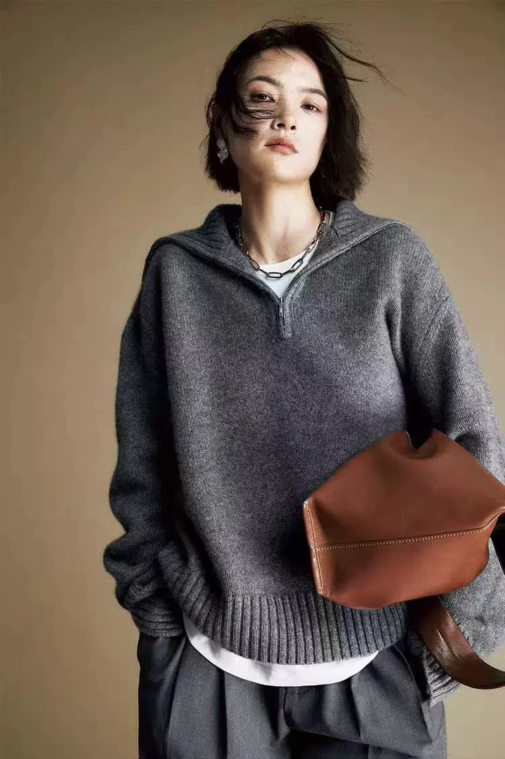 高领半拉链100纯羊毛秋冬季加厚欧货洋气宽松软糯厚休闲毛衣外套