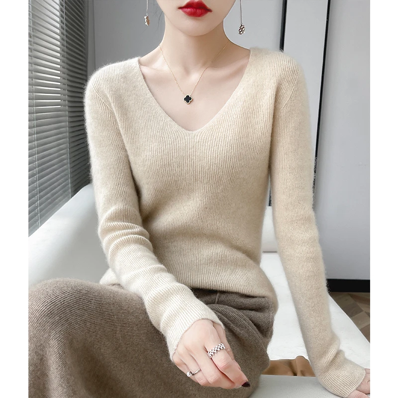 一线成衣美丽诺羊毛衫女100纯羊毛慵懒风V领修身针织毛衣打底衫