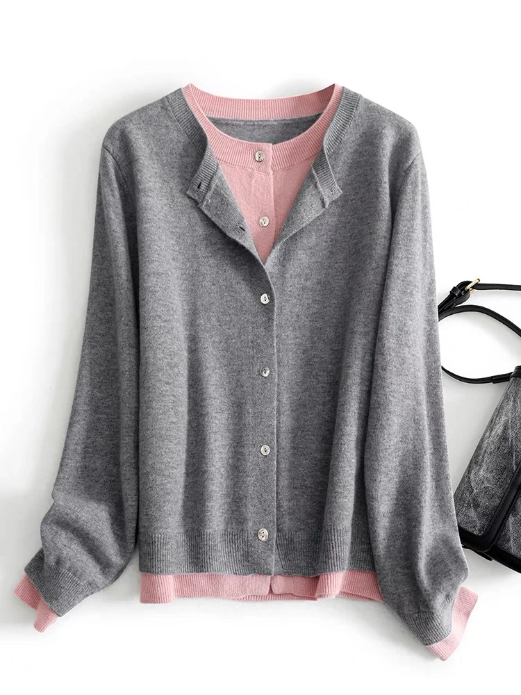 假两件绵羊毛开衫秋冬柔软上衣显瘦长袖针织百搭简约圆领看秀穿搭