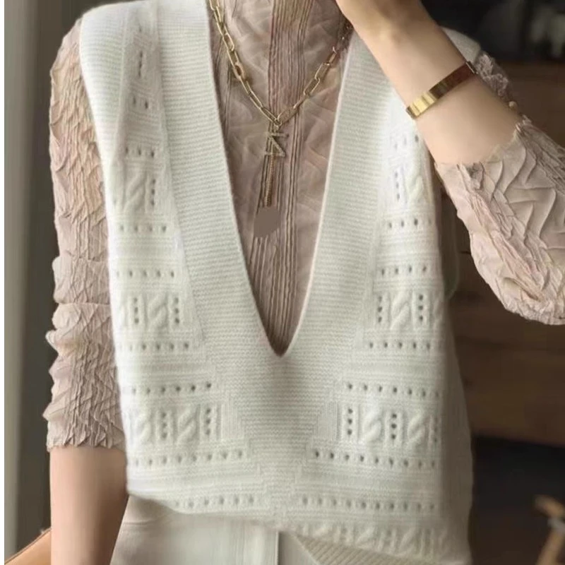 叠穿神器！女士宽松时尚V领100纯羊毛镂空马甲针织衫上衣百搭春秋