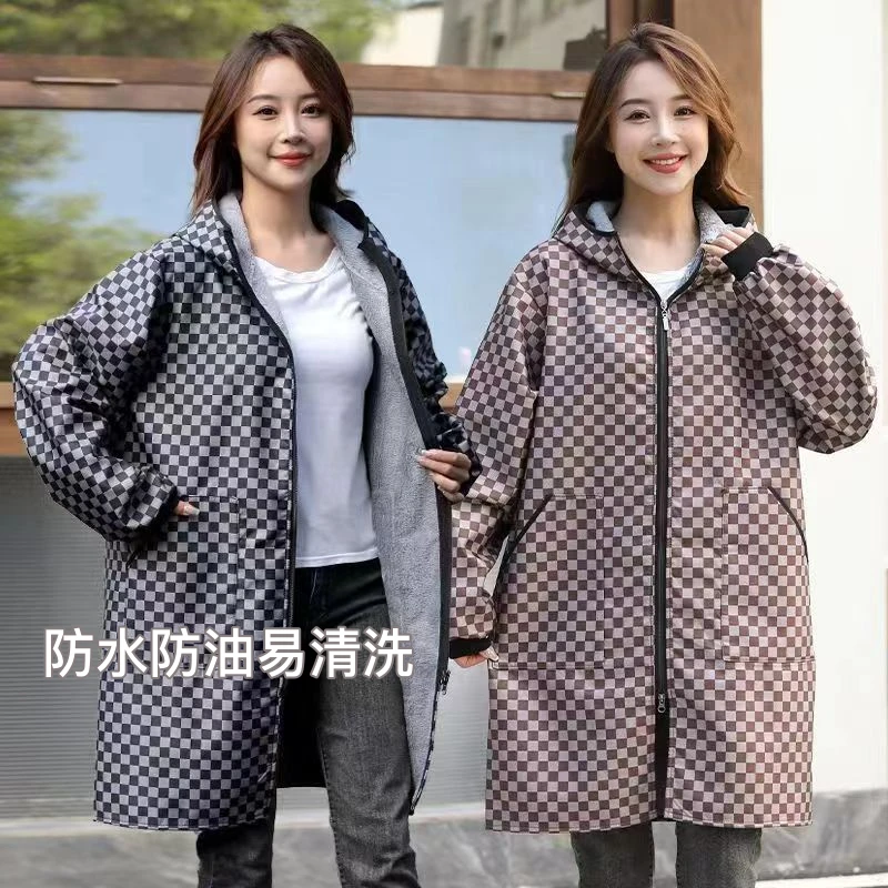 长款加绒长袖外穿罩衣加厚正穿衣家用耐脏防水大褂工作服成人防油