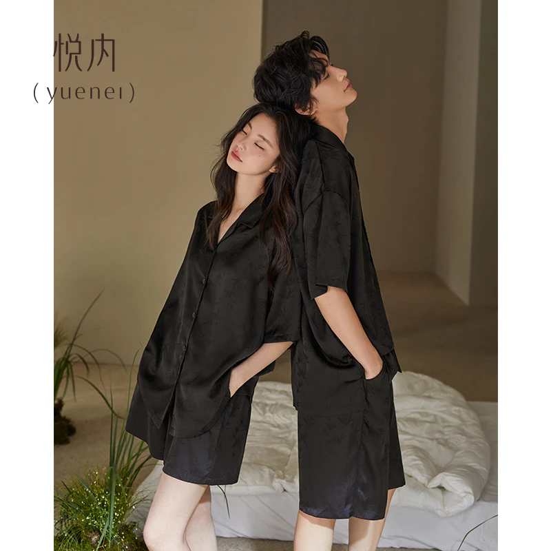 悦内情侣睡衣女夏季夏款冰丝短袖短裤宽松家居服男夏天黑色高级感