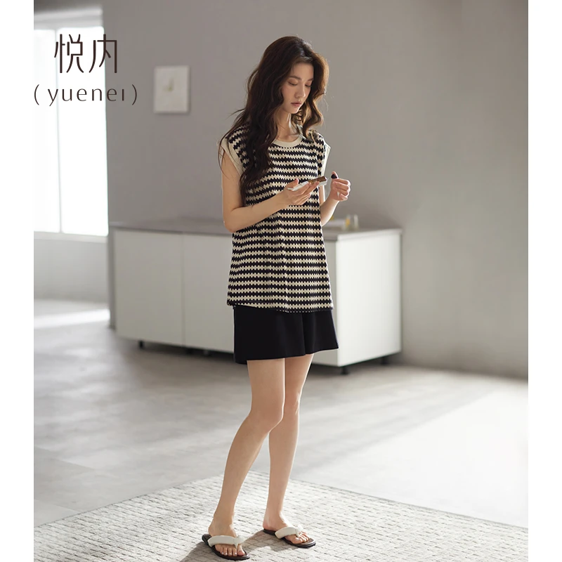 悦一体睡衣大码女款夏季全棉纯棉无袖背心短裤家居服夏款条纹套装