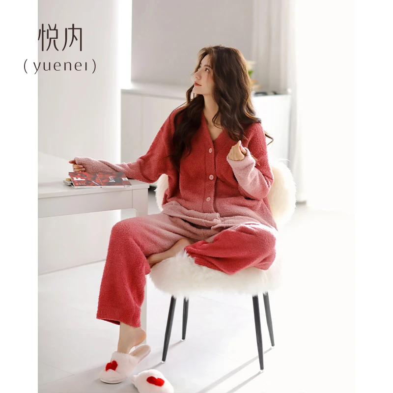 悦内半边绒睡衣加厚女款女士加绒冬季珊瑚绒家居服保暖毛绒渐变