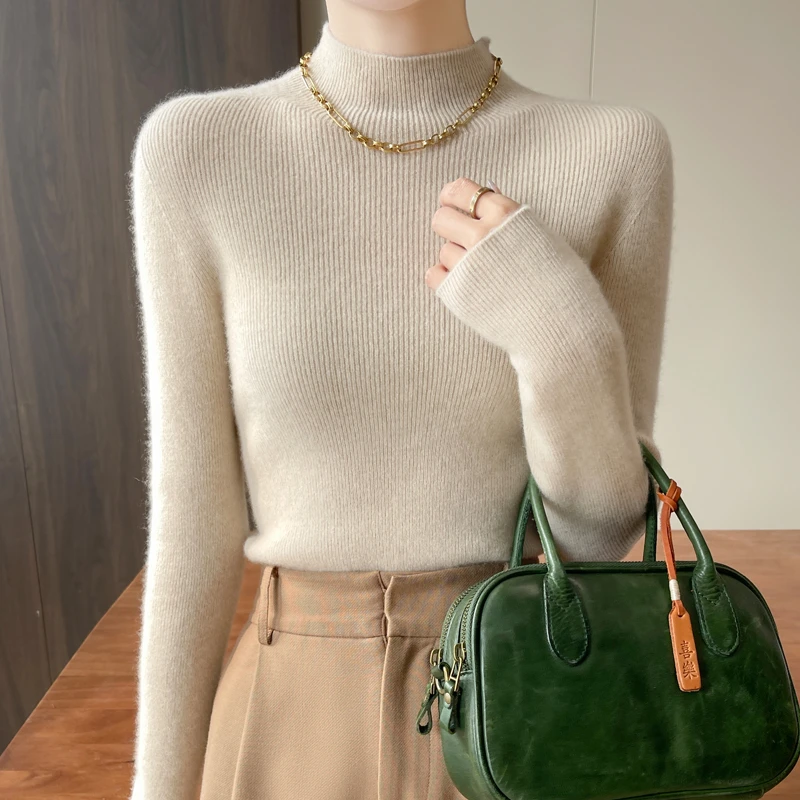 一线成衣半高领抽条针织打底衫纯色秋冬套头