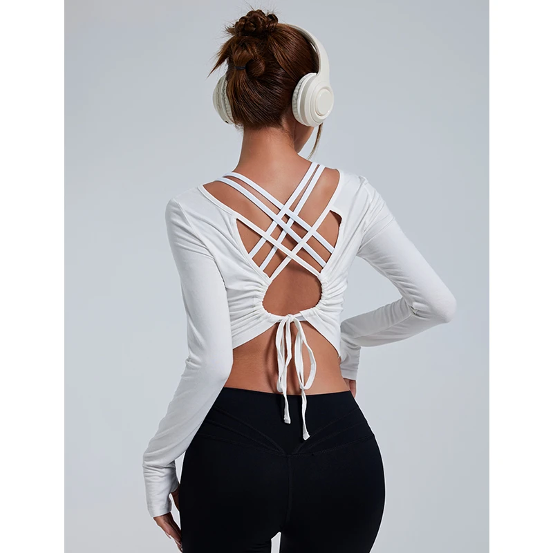 fitlife运动T恤女微透训练跑步防走光长袖系带大露背罩衫瑜伽上衣