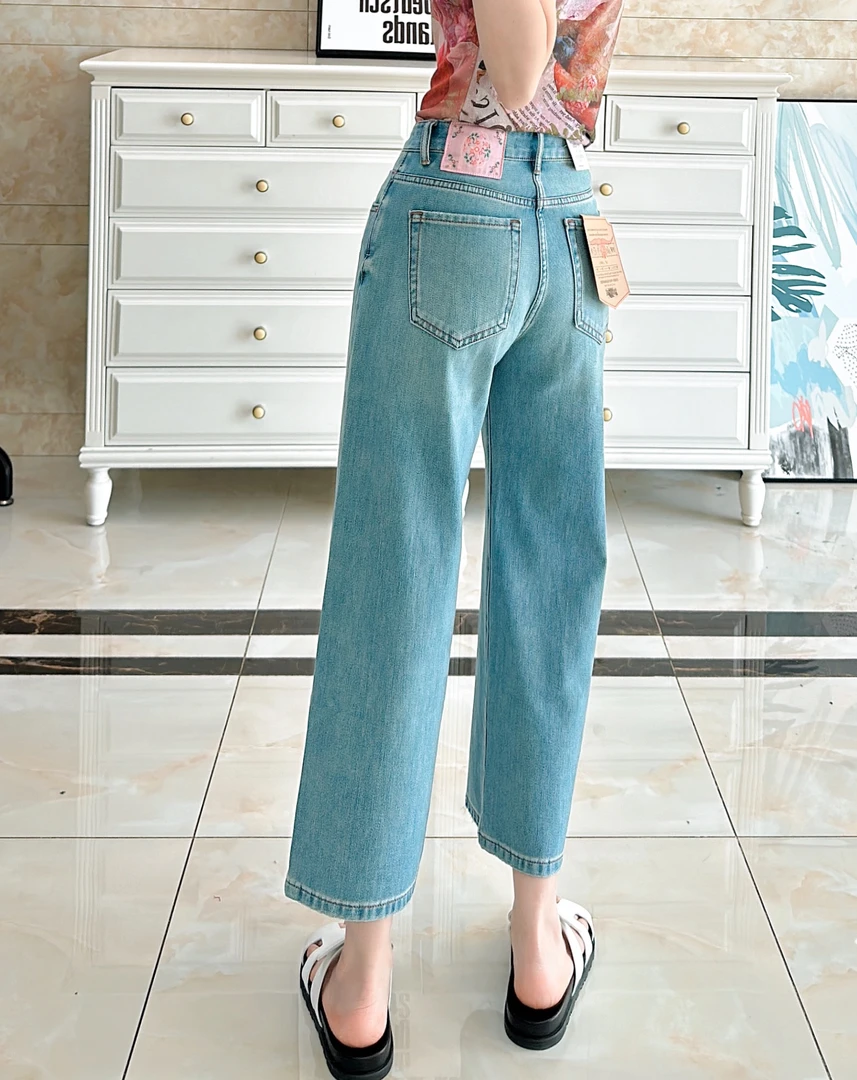 【品牌】2853粉标直筒牛仔裤女夏季薄款阔腿裤宽松高腰蓝色九分裤