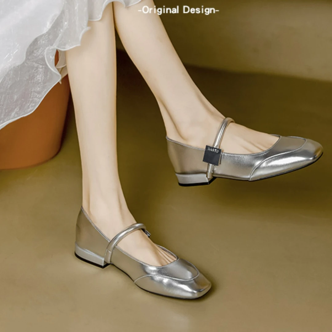 新款真皮玛丽珍鞋女方头法式一字带软底软面粗跟百搭气质浅口单鞋