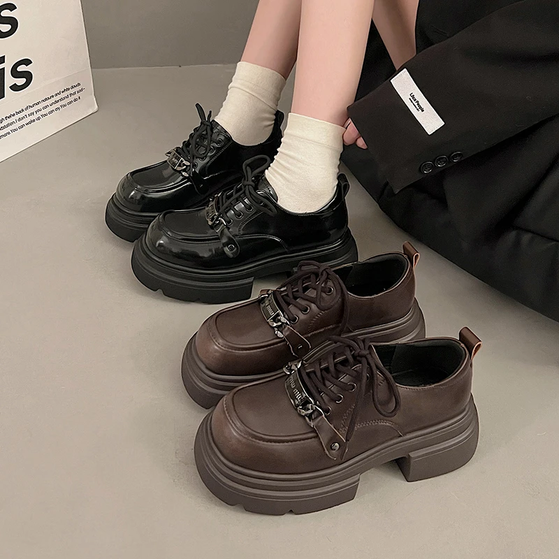 真皮春秋小皮鞋女圆头新款百搭单鞋擦色复古厚底系带乐福鞋玛丽珍