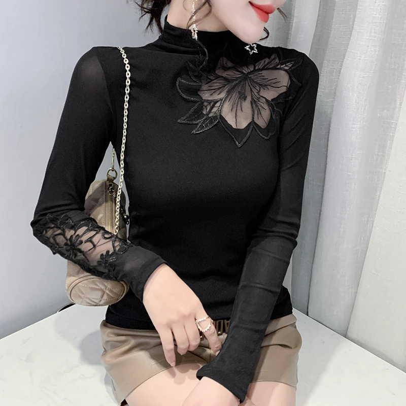 高档女士长袖T恤女上衣修身秋装气质网纱打底衫内搭半高领