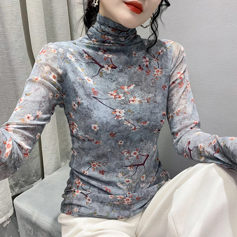 女士上档次长袖t恤女上衣半高领修身秋装新款洋气网纱打底衫内搭