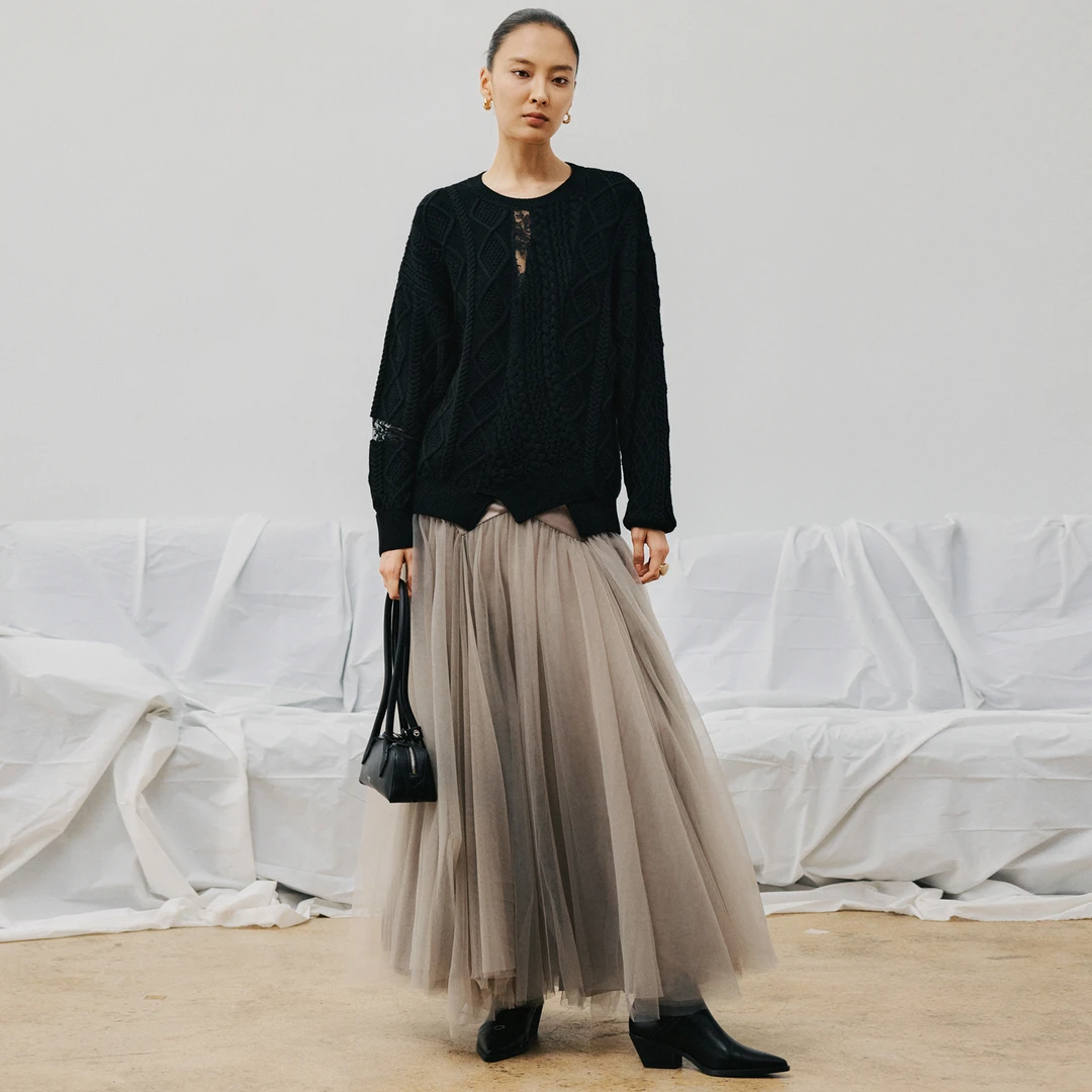 Z老板 针织衫女秋冬气质蕾丝拼接宽松羊毛衫毛衣