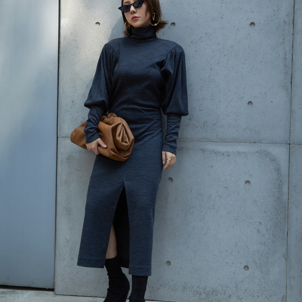 Z老板 立领皱褶马蹄袖中长款连衣裙女