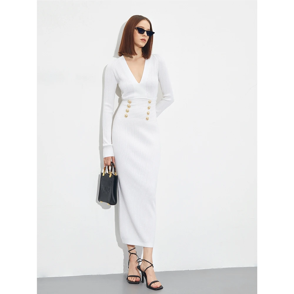 Z老板波曼系列V领长款连衣裙修身裁剪柔软秋冬长袖连衣裙