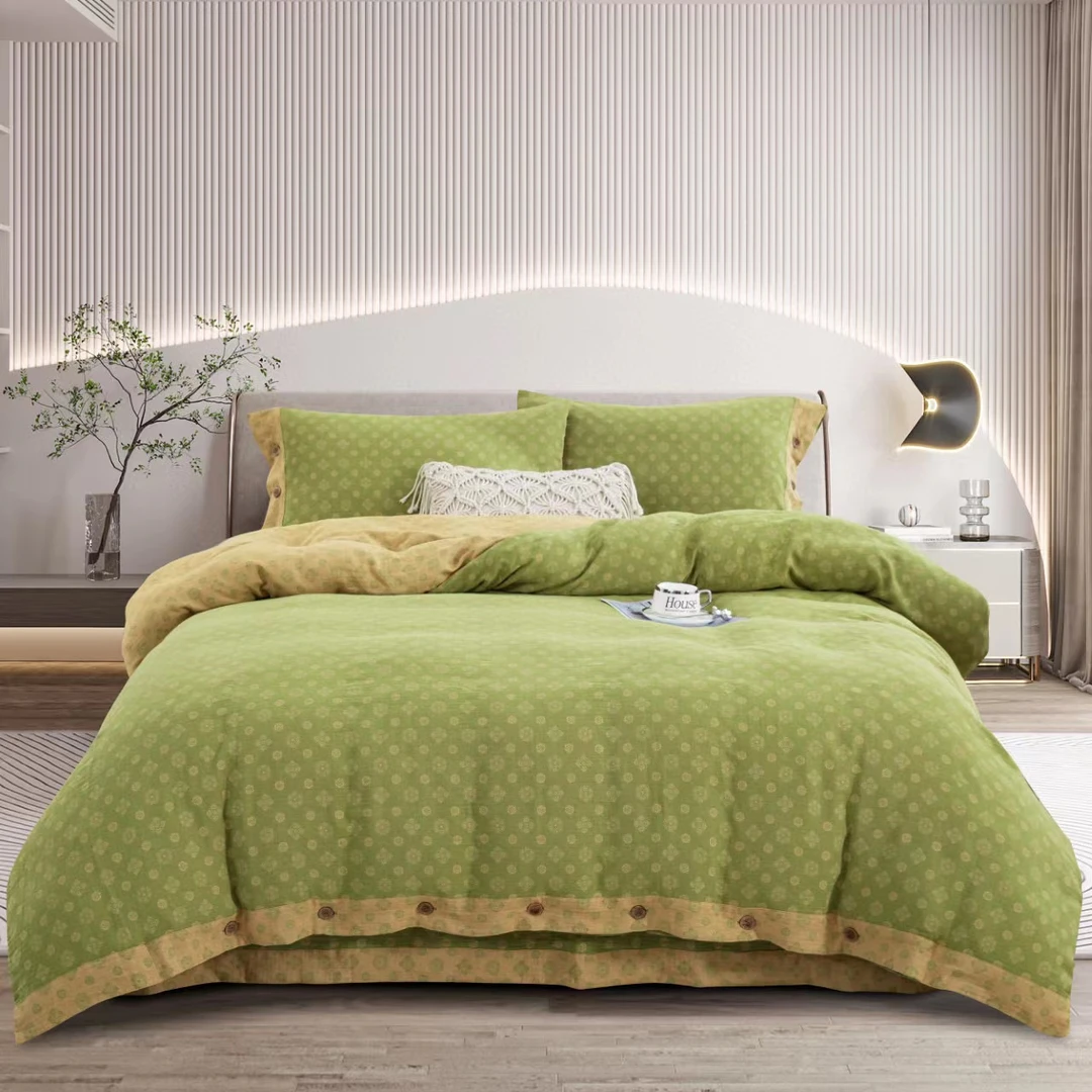 《幸运星绿四件套》高端有氧双层纱A类纯棉小清新双面用柔软 透气软