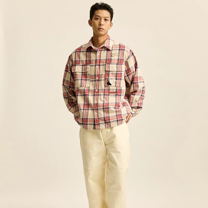 【搬仓价】RR24AW新款日系复古做旧破坏日产红格纹衬衫男（H1）
