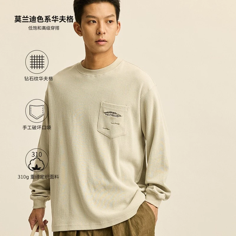 【搬仓价】RR24AW钻石纹华夫格刺绣破坏口袋长袖休闲百搭长袖男（F2）