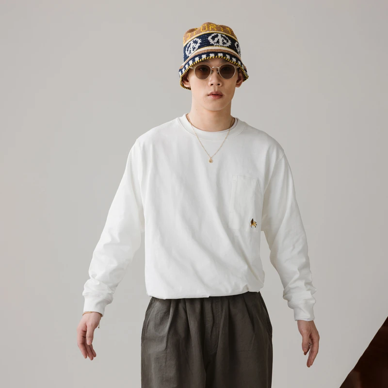 reaimness重磅纯棉刺绣竹节棉打底衫宽松长袖T恤