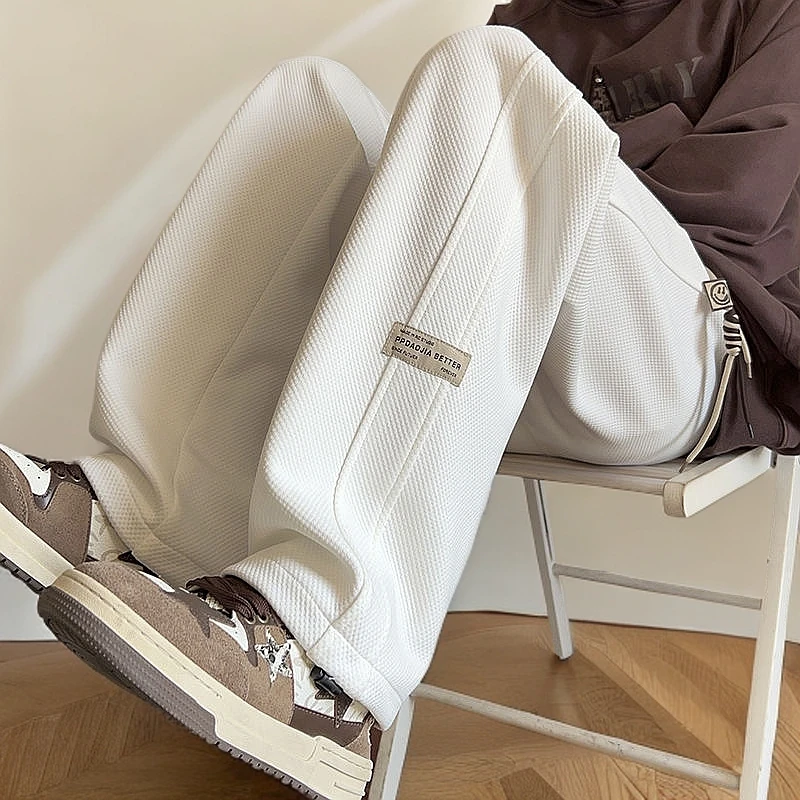 日系拼接休闲裤男秋冬季加绒宽松百搭直筒美式潮牌潮流高街卫裤子