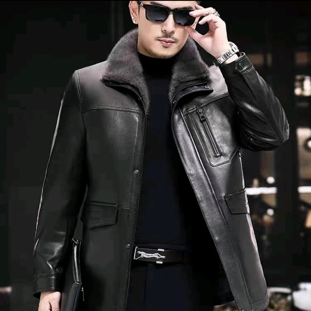 男式真皮山羊皮脱卸皮貂