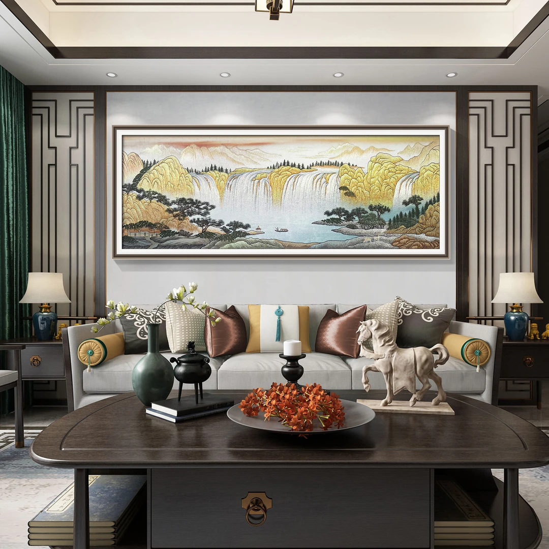 流水生财刺绣高端织锦绣客厅沙发背景墙装饰画中式风壁画80*220