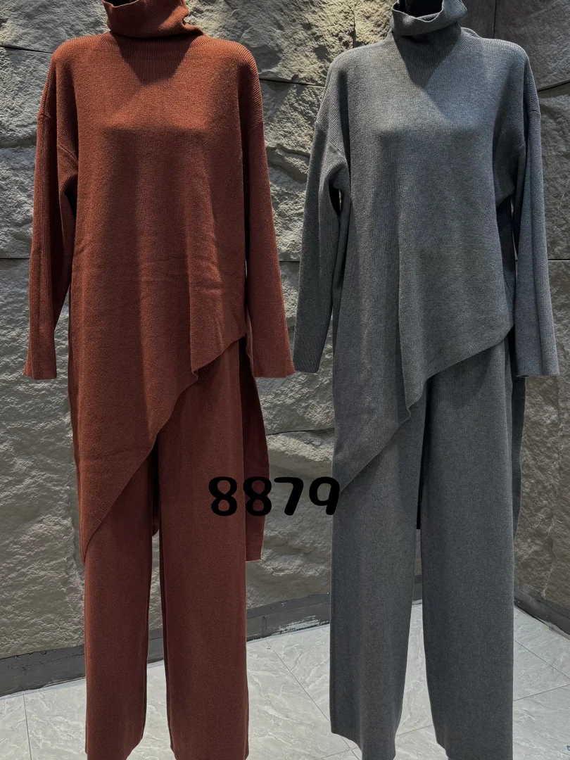 2024韩版气质高级高领长袖针织毛衣长款阔腿裤两件套宽松慵懒风