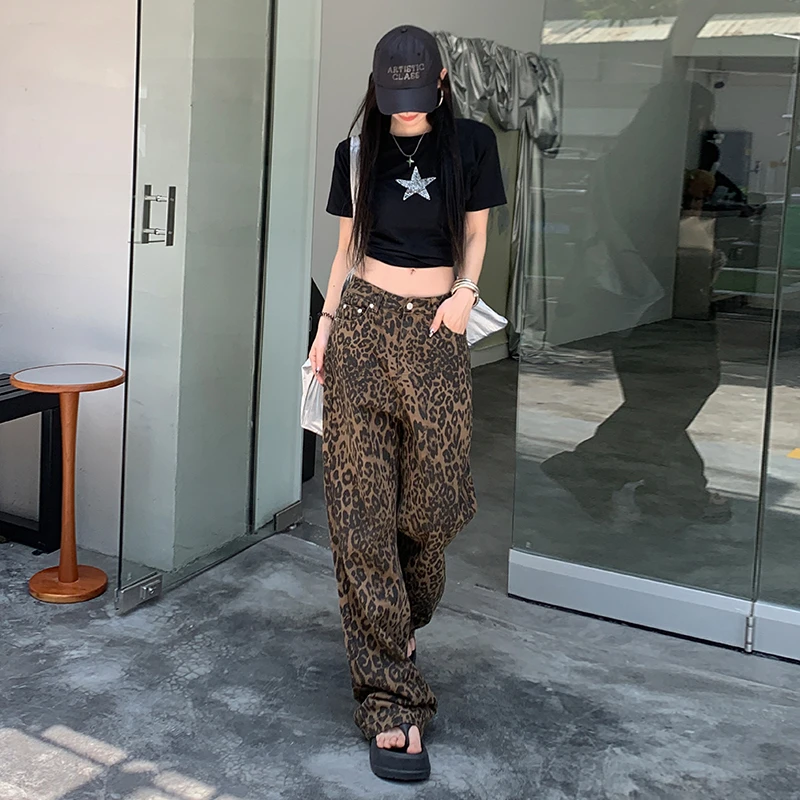 175加长版高个子美式豹纹高腰牛仔裤女宽松显瘦超长直筒拖地长裤