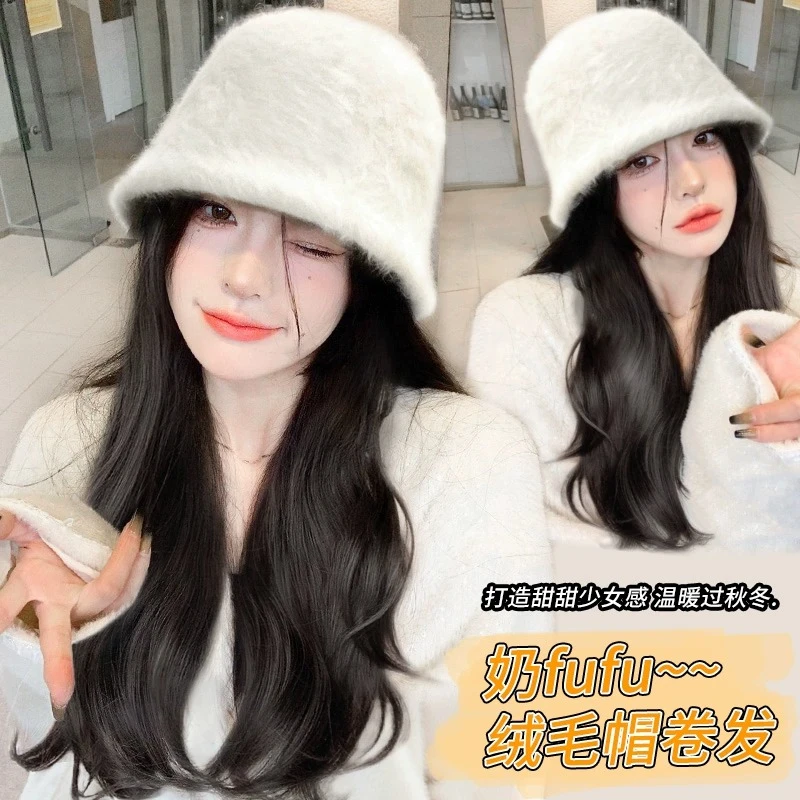 帽子假发一体时尚2023年新款【通勤bi备】秋冬兔毛渔夫帽全头套女