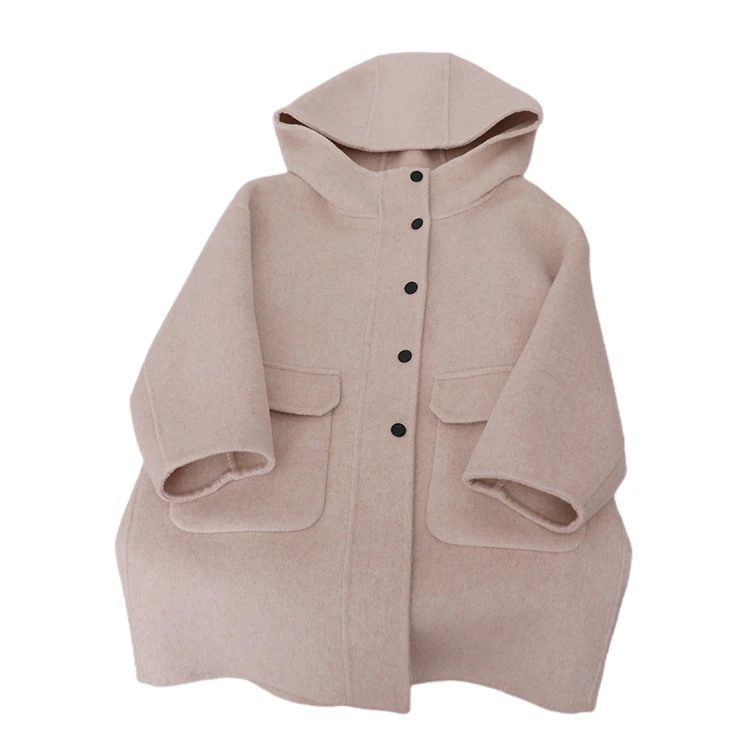 儿童韩系复古秋季亲子女童男童中长款高级感呢大衣连帽双面尼毛呢