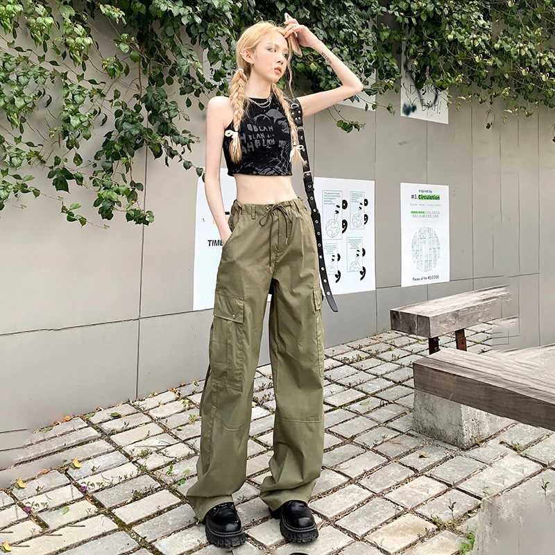 RJVO美式复古休闲工装裤女2025新款辣妹高腰宽松直筒休闲阔腿裤子