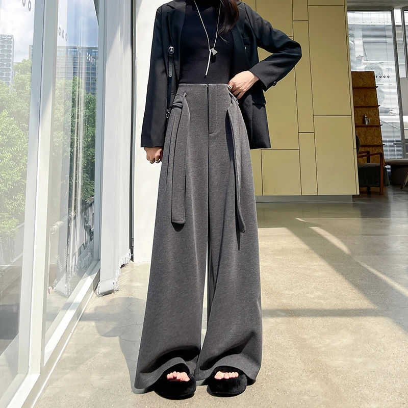 RJVO毛呢绑带阔腿裤女秋冬新款设计感高腰垂感休闲直筒显瘦拖地裤