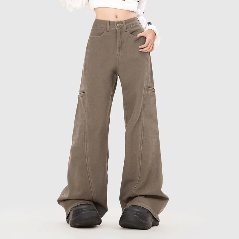 RJVO秋季新款美式工装裤女设计感时尚高腰牛仔裤多口袋休闲直筒裤