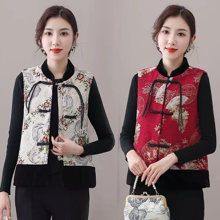2024中老年妈妈唐装马甲夹棉保暖坎肩棉服短款中式国风秋冬背心