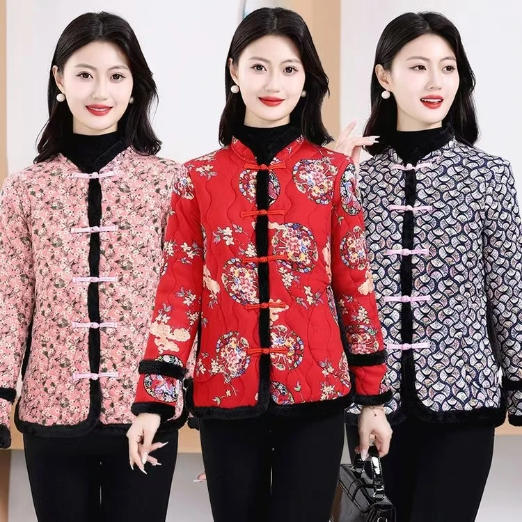 中老年妈妈棉袄秋冬加绒新款女装盘扣棉衣唐装加厚外套保暖棉服