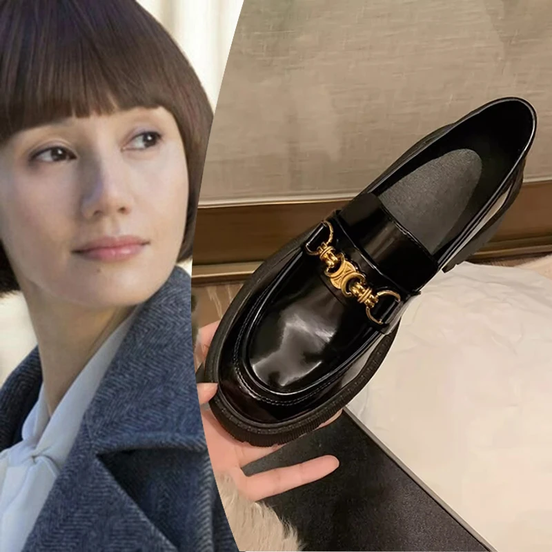 真皮小皮鞋女2023新款百搭时尚春季黑色软底英伦风厚底圆头乐福鞋