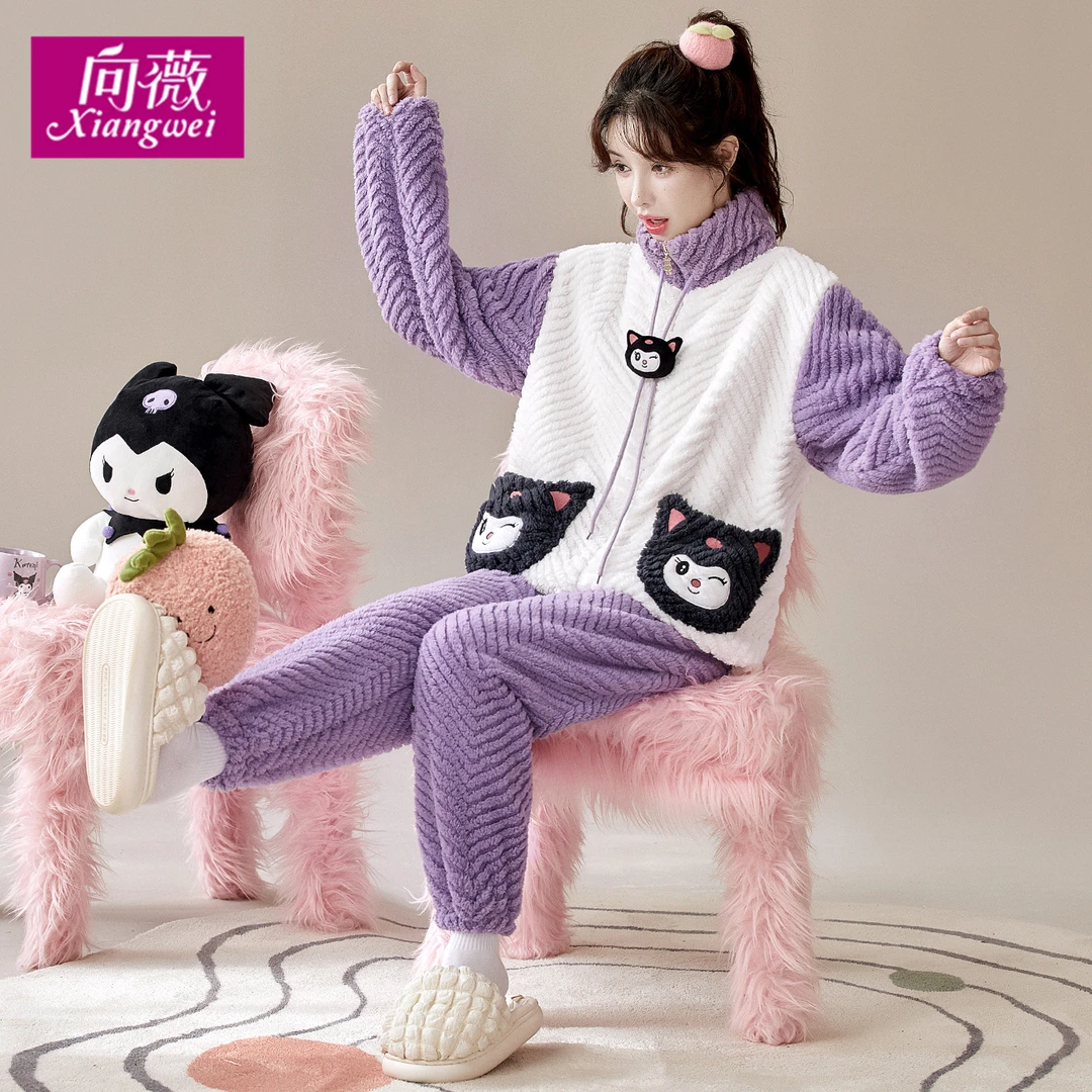 秋冬季甜美可爱女士加绒加厚睡衣套装可外穿大码家居服