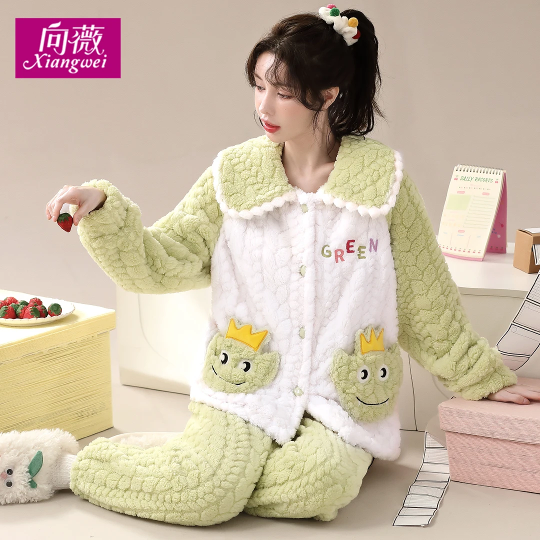 秋冬季可爱甜美女法兰绒家居服睡衣可外穿加绒加厚两件套装