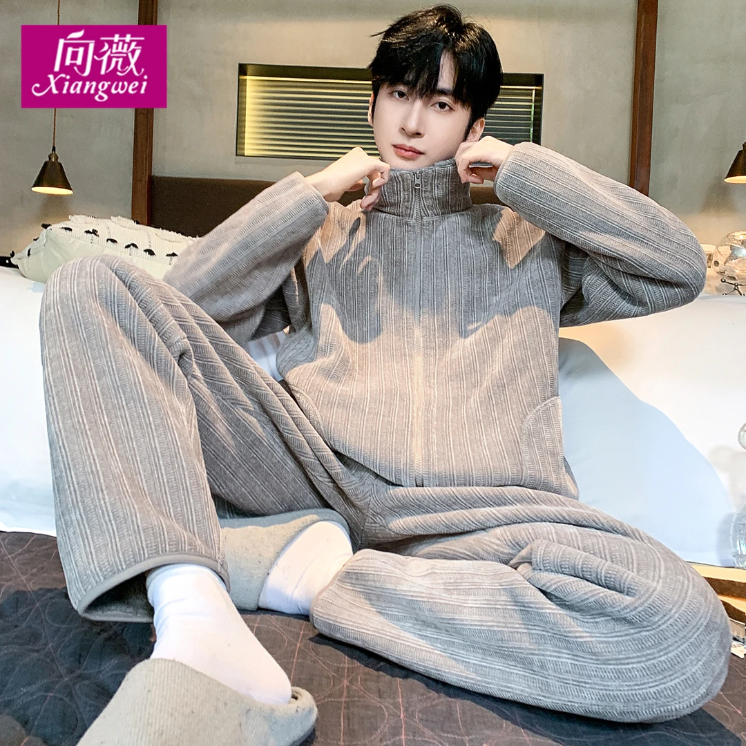 雪尼尔双面复合秋冬季宽松大码法兰绒家居服男可外穿珊瑚绒睡衣