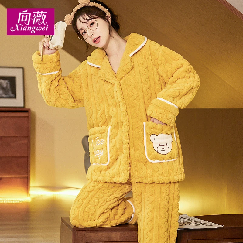 韩版秋冬款家居服绒套装加厚加绒法兰绒冬睡衣女款可外穿春秋暖绒